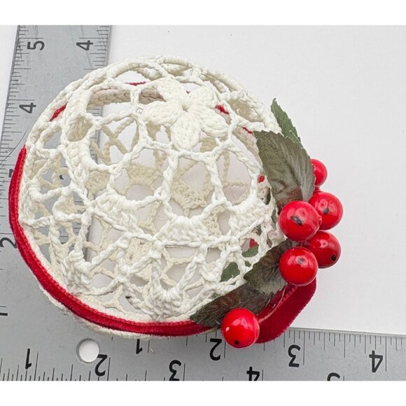 Handcrafted White Crochet Christmas Ornament Ball Starched Red Berries Ribbon - Picture 3 of 6